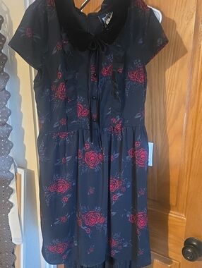 Killstar Black Midi Dress with Red Rose Print and Velvet Bow Collar